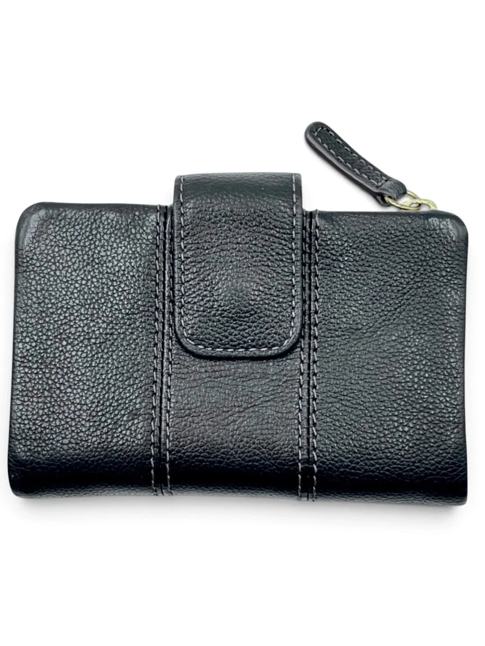 Fossil Ella Black Pebbled Leather Bifold Wallet Zip Coin Pocket Compact Clutch